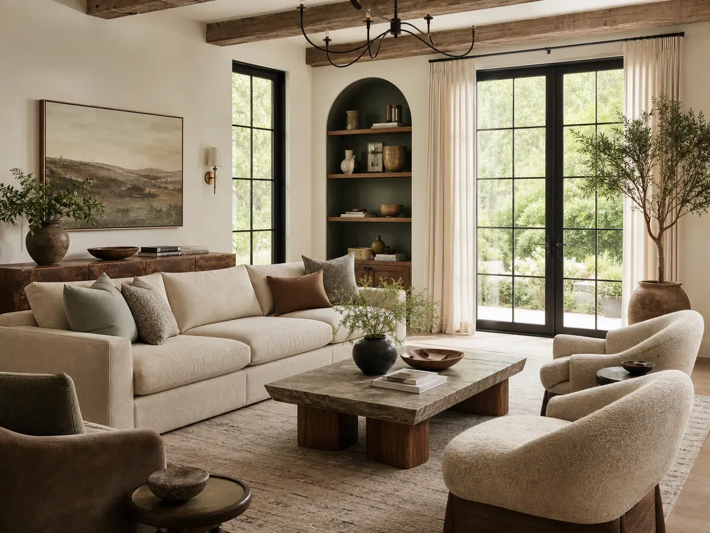 Collected living room with layered furniture, textiles, and personal details