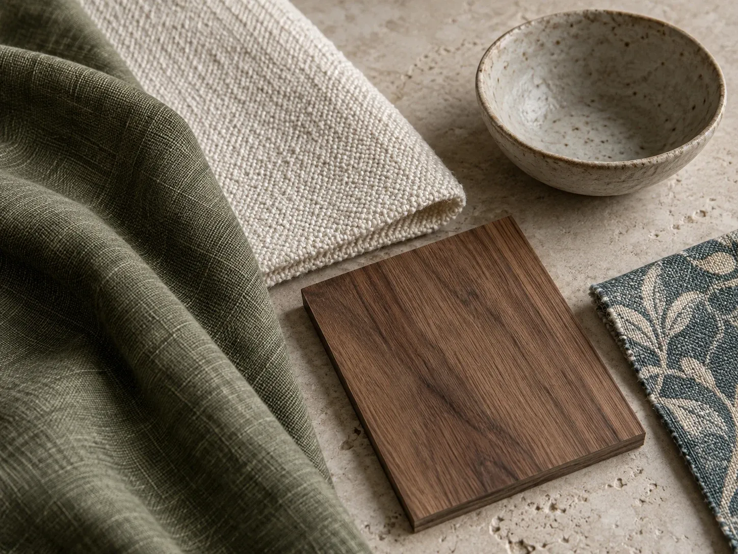 Material study of olive linen, ivory weave, walnut, ceramics, and patterned fabric