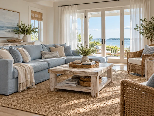 Airy coastal room with pale blue linen, woven textures, and sheer curtains