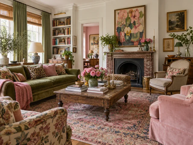 Eclectic room mixing patterned textiles, colorful art, antiques, and contemporary pieces