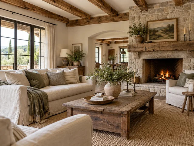 Farmhouse room with exposed beams, a slipcovered sofa, and rustic wood
