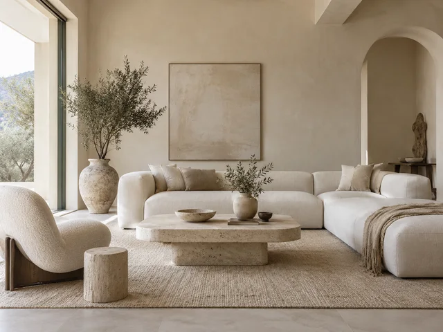 Minimalist room with plaster walls, a pale sofa, and a stone coffee table