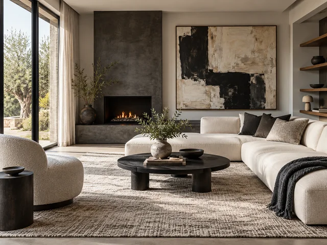 Modern room with sculptural furniture, charcoal accents, and abstract art