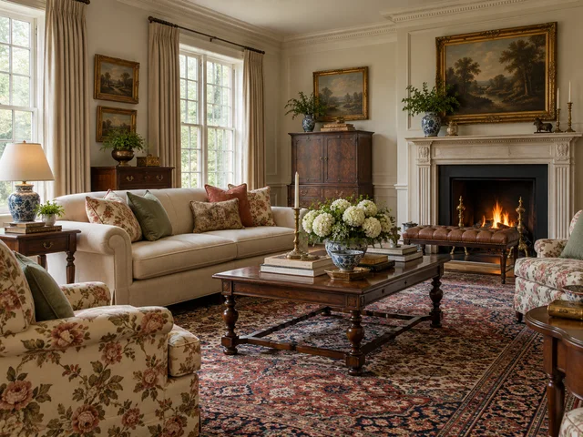Traditional room with a rolled-arm sofa, antique wood furniture, and a patterned rug
