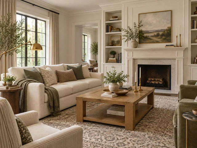 Transitional room combining tailored upholstery, oak furniture, and classic molding