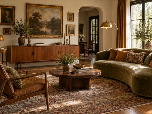 Vintage room with teak furniture, velvet upholstery, and aged brass lighting